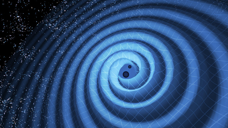 Az észlelt feketelyuk-kettős gravitációshullám-kibocsátásának művészi ábrázolása.