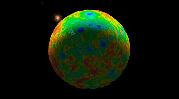 A Ceres legnagyobb megmaradt, becsapódásból származó 280 kilométer átmérőjű krátere a Kerwan, a perem közelében. A színek a szintmagasságot jelzik. A kék a mély a vörös a magas.