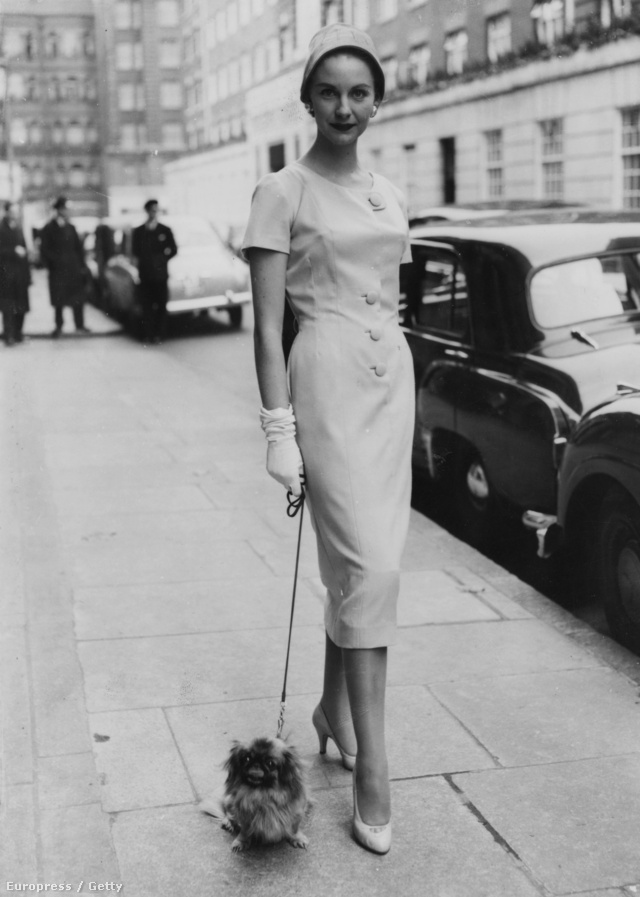Shirley Worthington  modell E R Hill of London tavaszi kollekciójában, 1955-ben. A hölgy flanel nappali ruhát visel, melynek dísze mindössze négy gomb. Hozzá pincsi is kesztyű dukál.