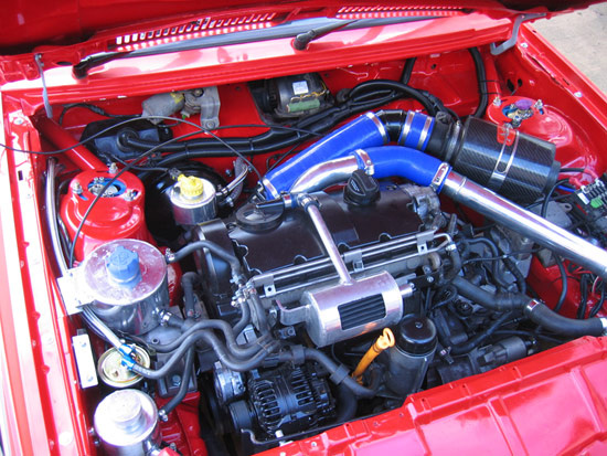 A PD TDI engine put in the engine bay of an old Scirocco. The PD engine is quite popular among tuners because its crankshaft housing is very strong