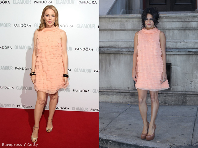 Kylie Minogue decens fehérsége erős kontrasztot mutat Vanessa Hudgens egzotikus bőrszínével. Önnek melyiken tetszik jobban ugyanaz a ruha?