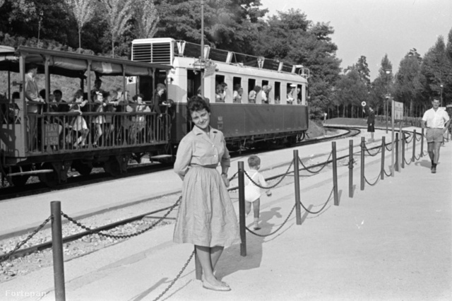 A gyermekvasút Szépjuhászné megállója előtt pózoló ismeretlen mögött már dugig megtelt a szerelvény 1958-ban