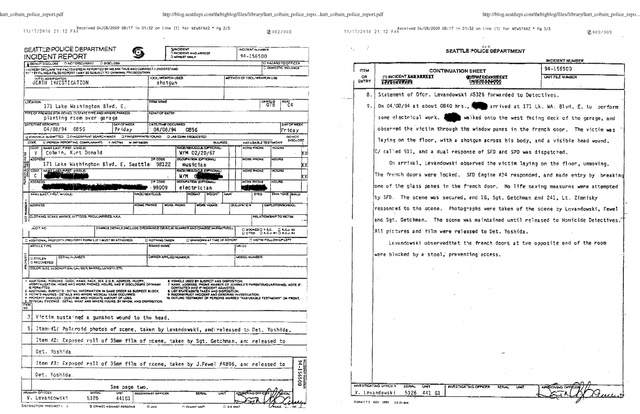 A rendőrségi helyszíni jelentés Kurt Cobain öngyilkosságáról