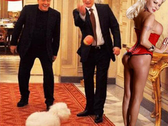 A topless Monique Covet Putyinnal és Berlusconival szórakozik