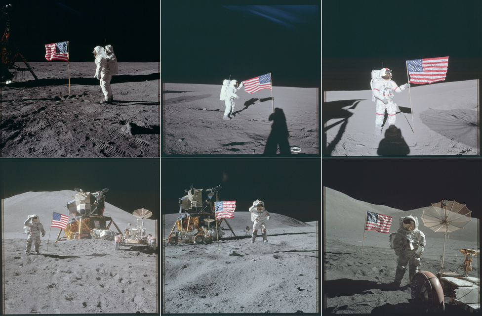 Egy képen az összes zászló, ami eljutott a Holdra. A 13-as, szerencsétlen küldetést leszámítva minden Apollo-misszó legénysége felállította a leszállóegység külsejére erősített, hőálló hengerben magukkal vitt zászlót. Az első alkalommal kiderült, hogy érdemes a leszállás helyétől kicsit távolabb zászlót bontani, Armstrong beszámolója szerint az Apollo-11 lobogóját elsodorta a visszatéréskor beindított hajtóművek szele.