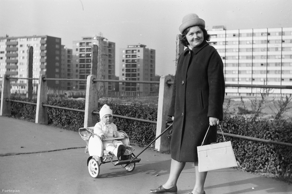 Ennek az 1965-ös képnek különösen örülök, hogy bekerülhetett a válogatásba az Árpád híd apropóján (a pesti "felvezető szakasz" járdáján készült), ugyanis én még életemben nem láttam kétekerekű babakocsit. Nekem és az anyukának nagyon tetszik, a gyereknek úgy tűnik, kevésbé.