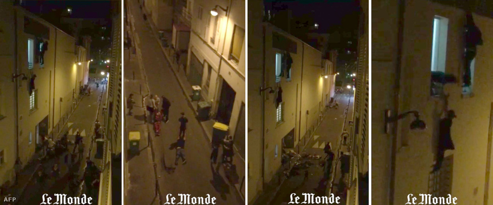 Biztonsági kamera felvétele a Bataclan lövöldözésről. Néhányan a hátsó ajtón, és az emeleti ablakokon keresztül próbálják elhagyni az épületet. Menekülnek a fegyveres támadók elől.