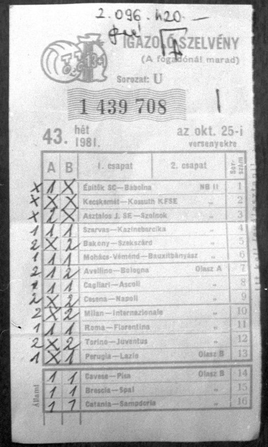 13 találatos TOTÓ szelvény. A szerencsés Dávid János a Petőfi TSZ vasipari üzemének csoportvezetője, aki ezzel a szelvénnyel 2 096 420 forintot nyert. Battonya 1981. november 5.