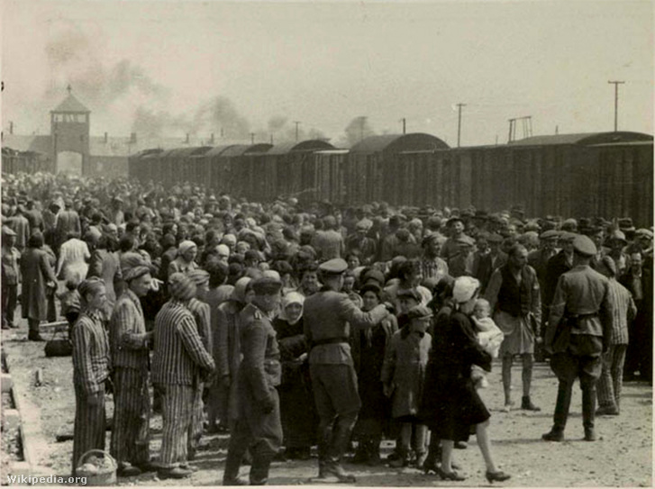 Auschwitzba érkező magyar zsidók a zsidórámpán (vasúti sínpárok között elterülő terület, ahol az SS-orvosok a vagonokból leszálló zsidókat, és egyéb deportáltakat szelektálták), 1944. május.