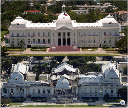 Az elnöki palota Port-au-Prince-ben a földrengés előtt és után.