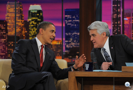 US President Barack Obama is seen with host Jay Leno during a taping of "The Tonight Show" at NBC