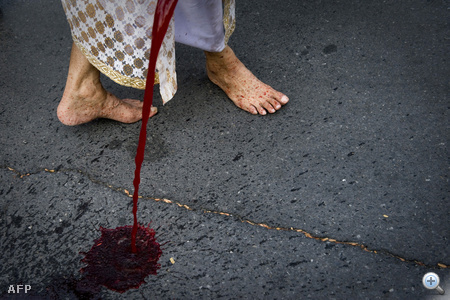 THAILAND, Bangkok : A supporter of deposed Thai premier Thaksin Shinawatra pours a canister of human blood onto the ground in front of the gates of Government House in protest in Bangkok on March 16,