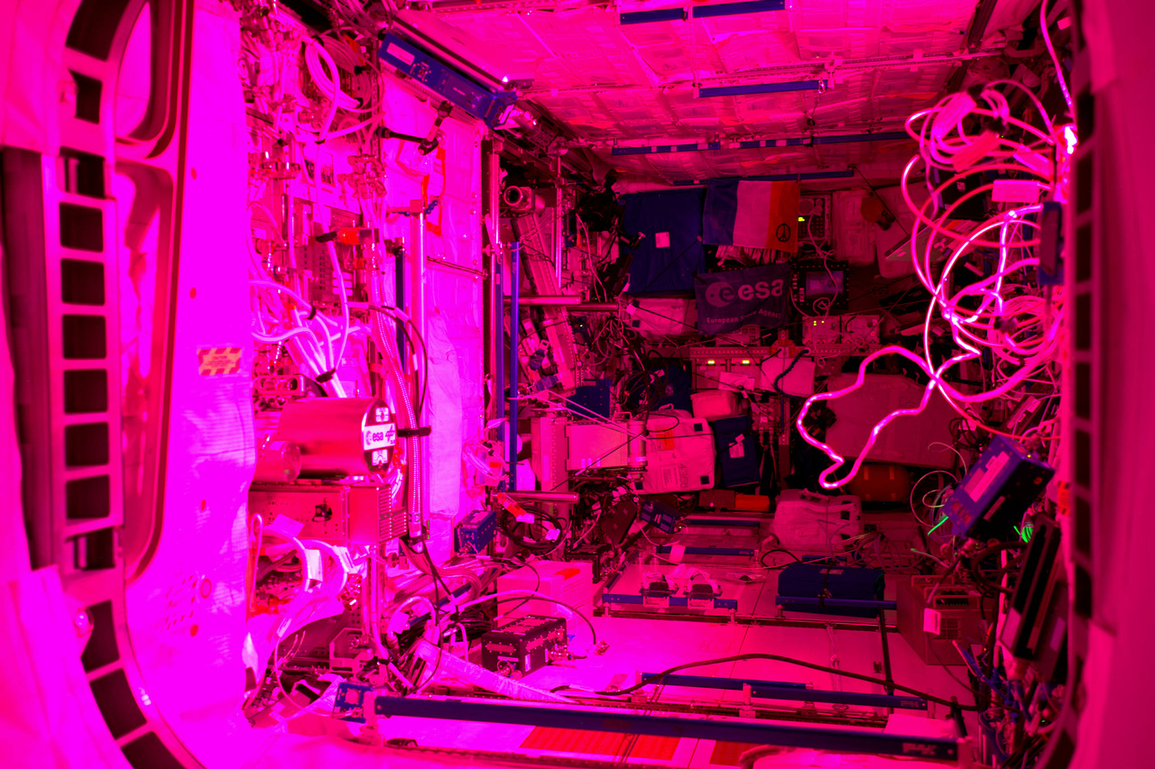 Az Európai Űrügynökség Colombus modulja éjjel. A különleges fény az itt termesztett növények növekedéséhez szükséges.
