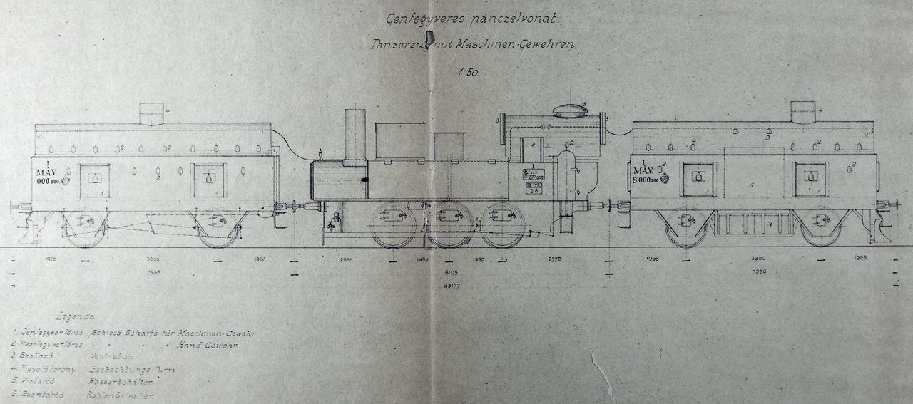 1915: Lövészkocsikból és MÁV 377 sorozatú szertartályos gőzmozdonyból álló, MÁVAG-építésű könnyű páncélvonat. 