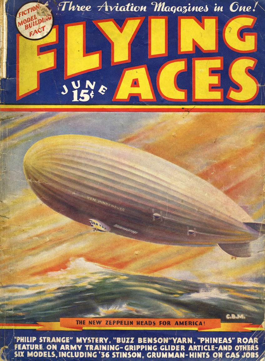 A Flying Aces ponyvaregény-magazin 1936. júniusi száma címlapon szerepelteti az Amerikába rendszeresen ellátogató léghajót.