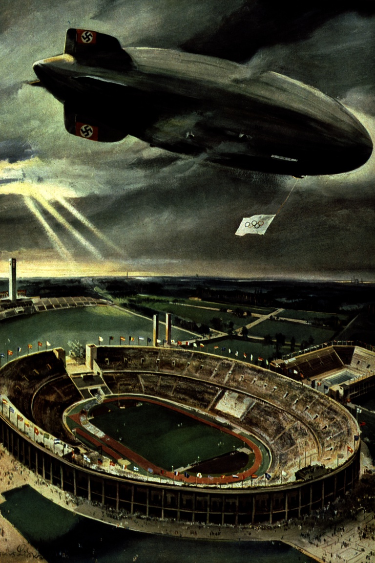 1936: olimpiai propagandafestmény a Hindenburggal és a berlini olimpiai stadionnal.