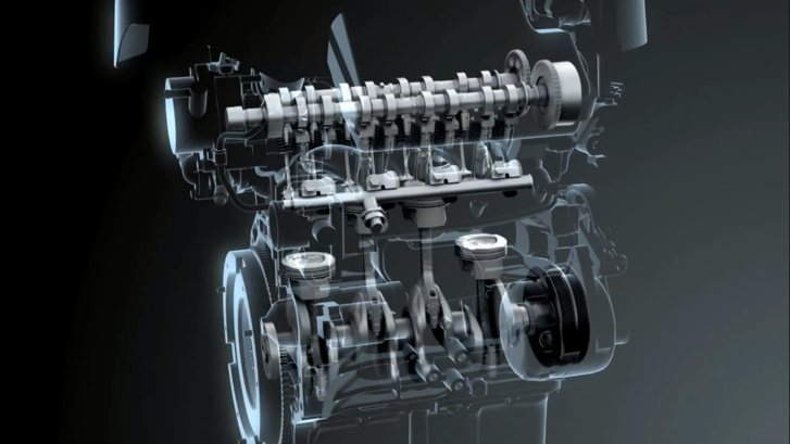 Az 1,4 literes Bossterjet motor forgattyús mechanizmusa és szelepvezérlése. A szívóoldalon változó szelepvezérlést alkalmaznak. A dugattyúkat alulról olajsugár hűti