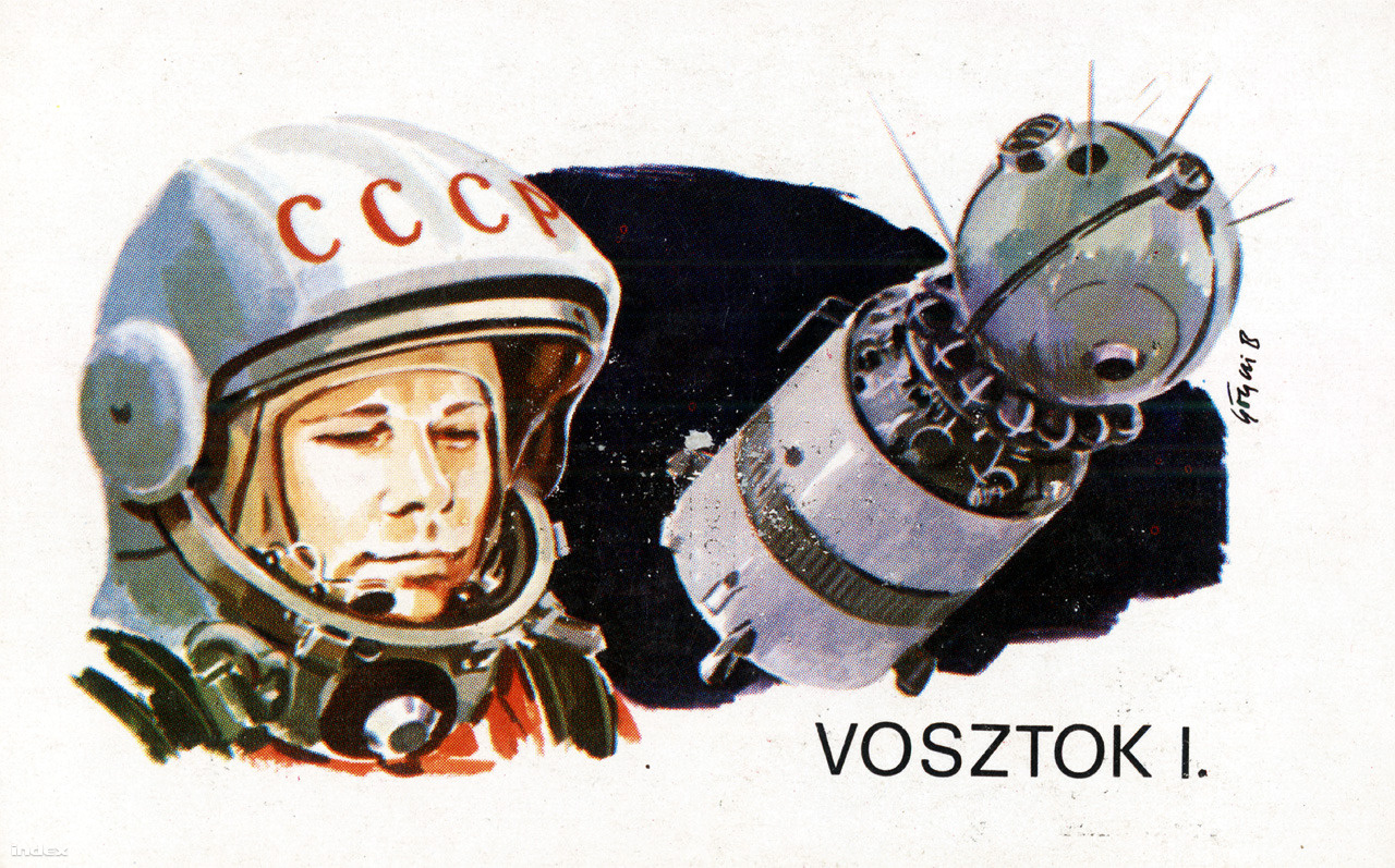 "Az első ember kijutott a világűrbe. Jurij Gagarin a VOSZTOK-1 űrhajó fedélzetén 1961. április 12-én másfél óra alatt megkerülte a földet." A Magyar Néphadsereg kártyanaptára a szovjet űrkutatás eredményeiről, 1979. Grafikus: Gönczi Béla.