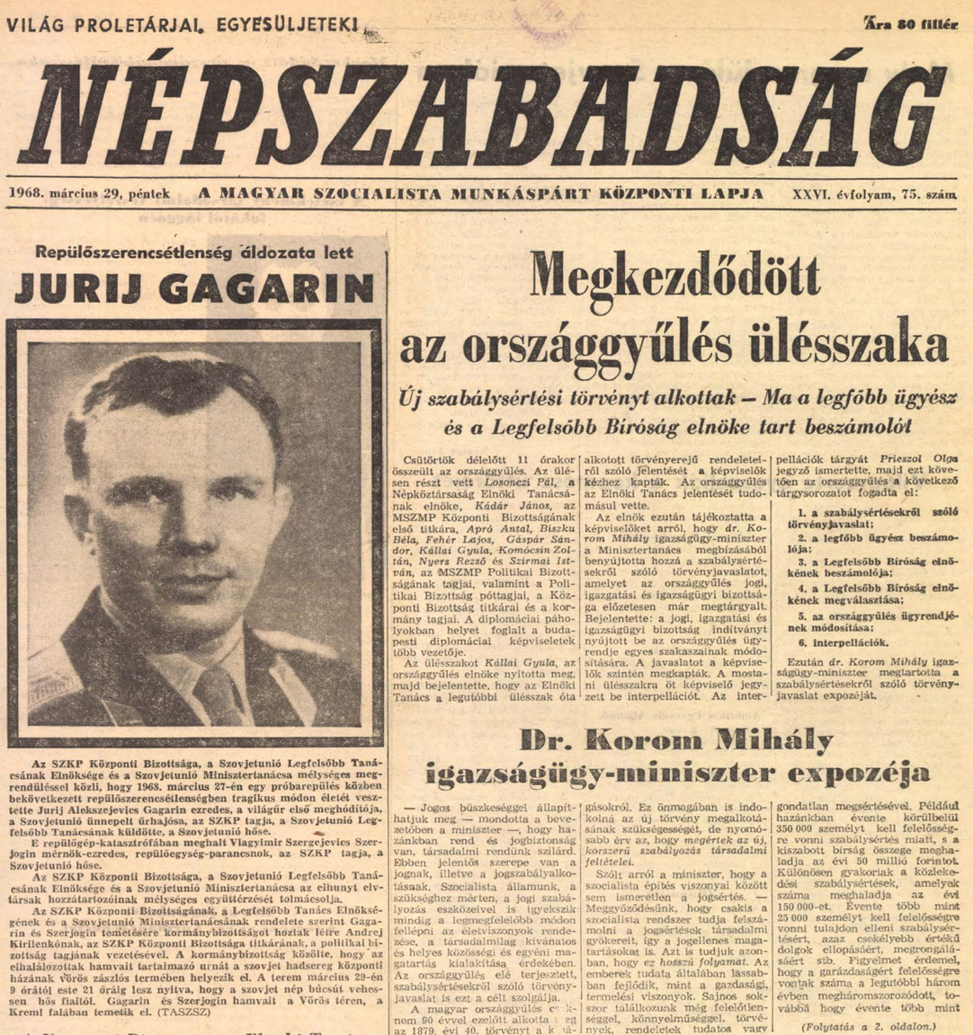 Gagarin halálhíre a Népszabadság címlapján.