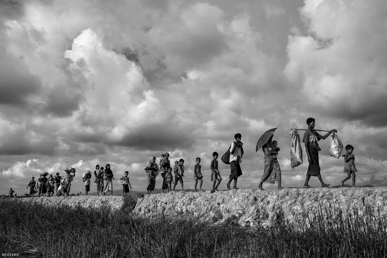 Az általános hír kategória második helyén Kevin Frayer képe végzett. Rohingja menekültek haladnak hosszú sorokban Mianmarból. 