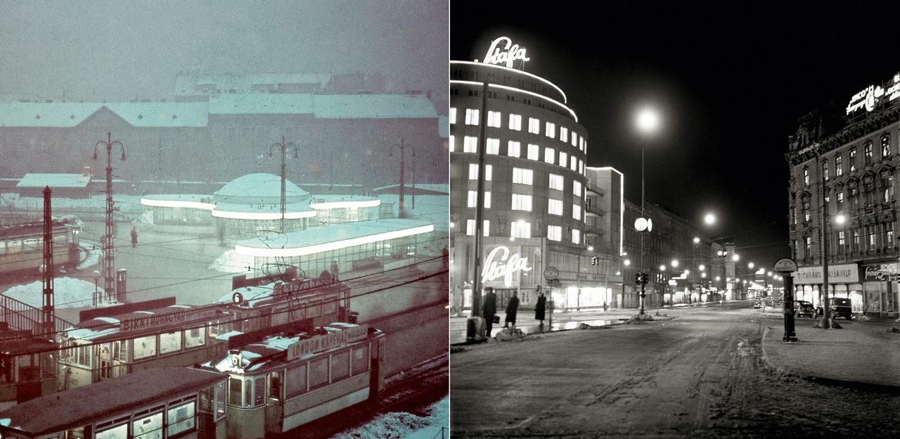 A sebesség mellett a fény és az elektromosság is nagy hatással van a modern metropoliszok életére. Éjszakánként egy új városkép születik. A Széll Kálmán téri „gombák” nappal szinte elvesztek a szélesen szétterülő téren, sötétedés után azonban eljött az ő idejük – egészen az akkor már Moszkva térnek hívott hely 1972-es teljes átépítéséig. A Westbahnhof pályaudvar melletti Stafa áruház a századforduló egyik úttörő vasbeton szerkezetű épülete volt, gazdag vakolatarchitektúrával. 1955-ben díszek nélküli homlokzattal épült újjá, a funkcionalista épület éjjel mégis pompásnak tűnt.