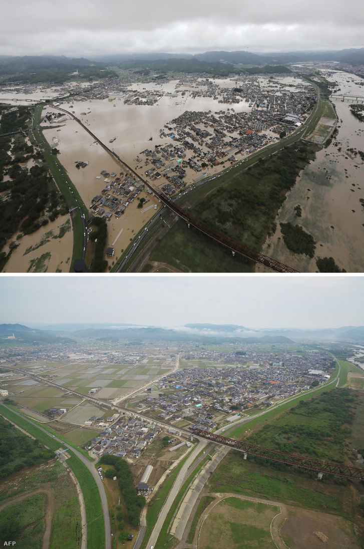 Kurasiki városa az áradások előtt és után
