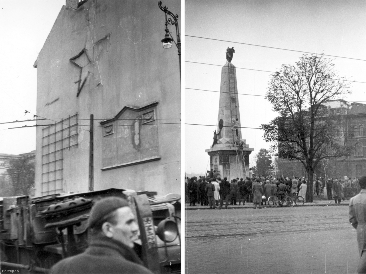 Balra a Kálvin tér tűzfala a félig már levert vöröscsillaggal, előtte felborított rendőrségi teherautó; jobbra a Gellért tér szovjet katonai emlékművéről szedik le éppen a csillagot és a szovjet címert.