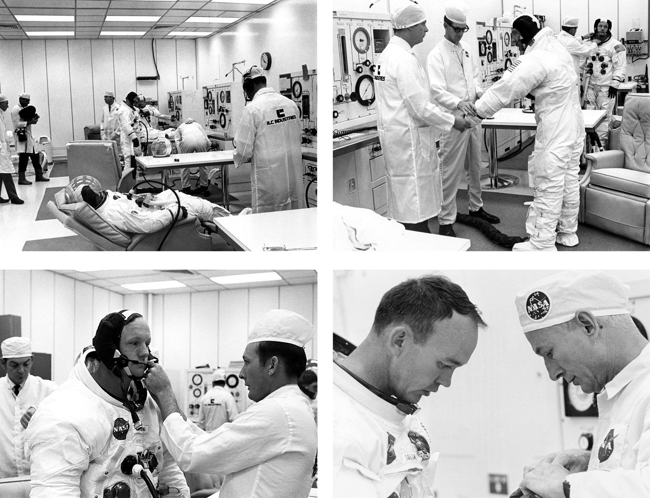 Négy archív fotó az Apollo-11 tagjainak szkafanderpróbáiról.