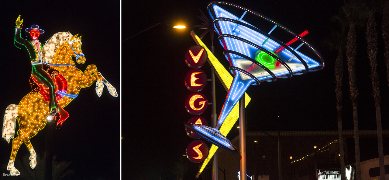 Balra: igazi Las Vegas-i ikon a Hacienda Ló és Lovasa. Eredetileg a hatvanas évek közepe felé volt a Hacienda Hotel (3950 Las Vegas Boulevard South) cégére. Megőrizték, felújították, jelenleg a Fremont utca dísze. Jobbra: két csodás neonjel a Fremont utcából.