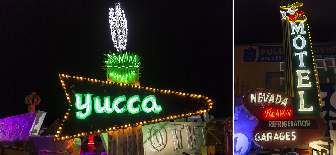 Még két motel a neonmúzeum gyűjteményéből: balra a Yucca Motel (ötvenes évek). A cégér tetején figyelemreméltó az őrült módon csavarodó-tekeredő fehér pálmavirág. Jobbra Las Vegas egyik jelképe, Vegas Vic, a kacsintó cowboy.