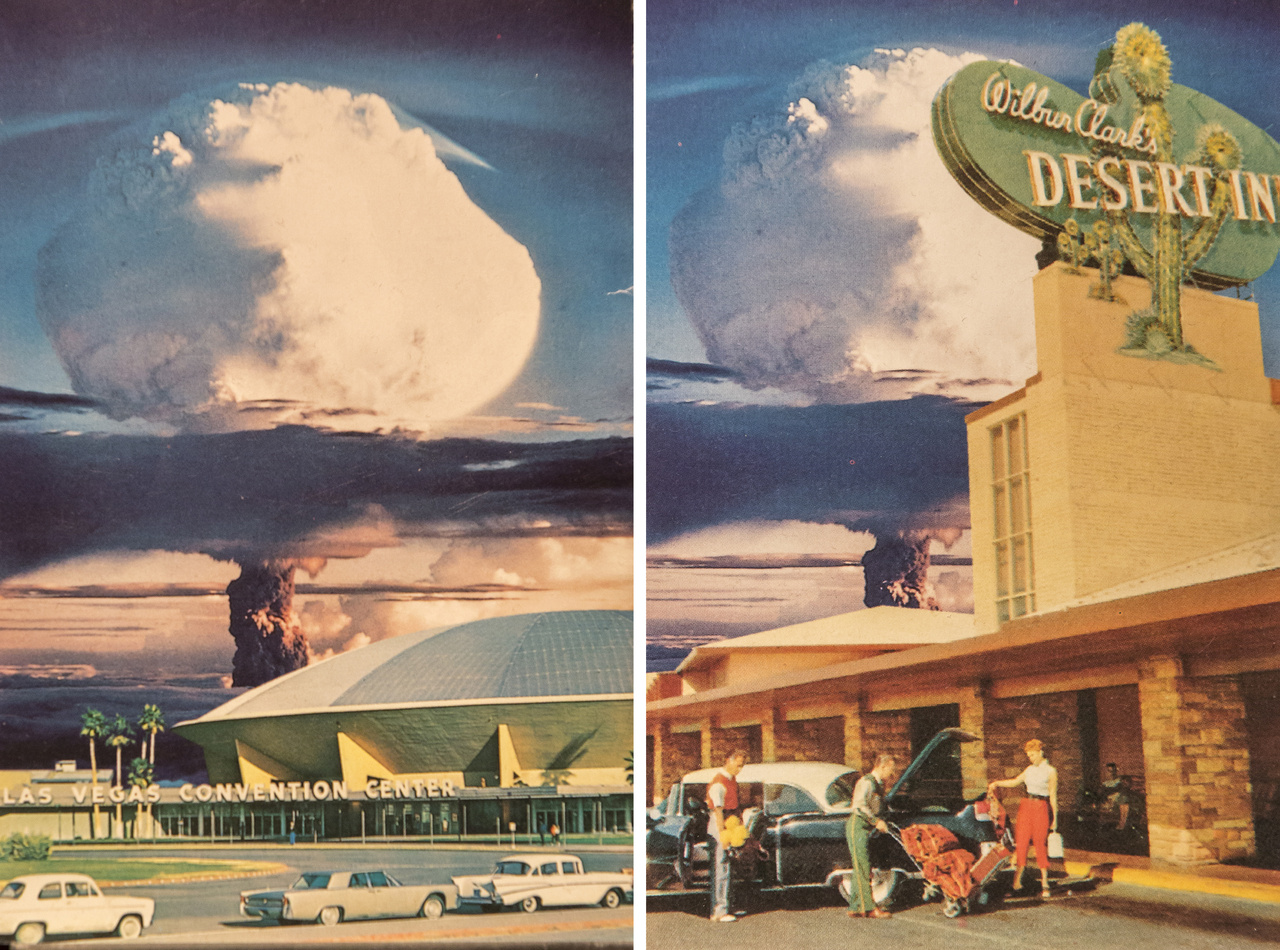 Két képes levelezőlap a múzeum gyűjteményéből. A turistacsalogató gombafelhő mindkettőn ugyanaz, a bal oldalin a kongresszusi központ (Las Vegas Convention Center) 1990-ben lebontott ufószerű kupolás épülete látható, jobbra egy sivatagi motel.