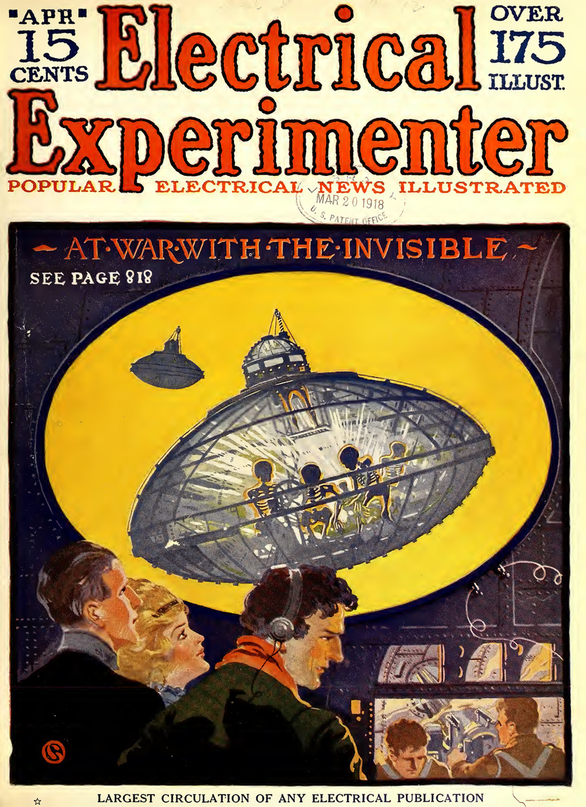 Az 1918- áprilisi szám címlapján egy 2011-re vizionált csatajelenet, a radarok számára láthatatlan lopakodó űrhajókkal, a rajtuk mégis keresztüllátó hélium-sugaras felderítő készülékkel.