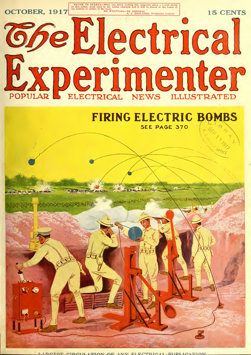 A megbízhatatlan, pontatlan időzítésű mechanikus, kémiai gyújtótöltetek helyett precíz, elektromos gyutacsok leshetnek a jövő bombáiban, lövedékeiben az 1917. októberi címlap szerint. Kilövés után a bomba belsejéből kicsévélődő elektromos kábelen keresztül érkezik a robbanást előidéző elektromos jel.