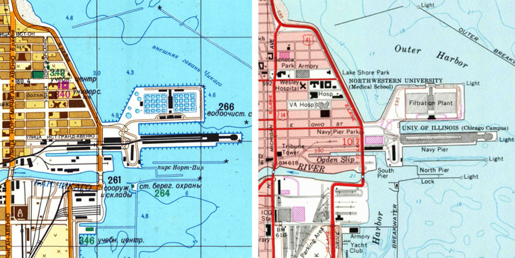Chicagó Michigan-tó parti területei egy haditengerészeti kikötővel (balra az 1982-es szovjet, jobbra az 1984-es hivatalos amerikai térkép)