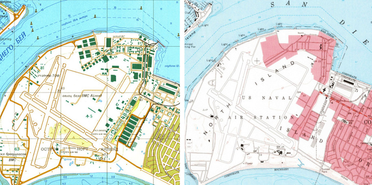 Balra: 1980-as szovjet kémtérkép a San Diegó-i haditengerészeti báziról,; jobbra ugyanaz az 1978-as amerikai térképen