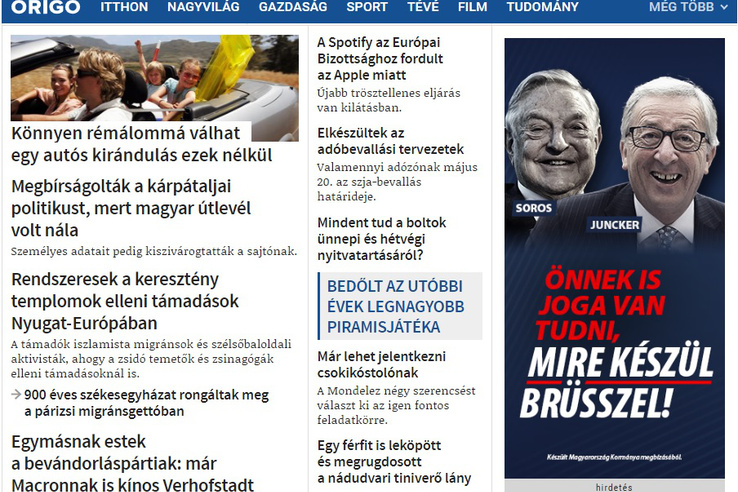 Government banner below the fold on pro-government news site origo.hu on the afternoon of 14 March 2019.