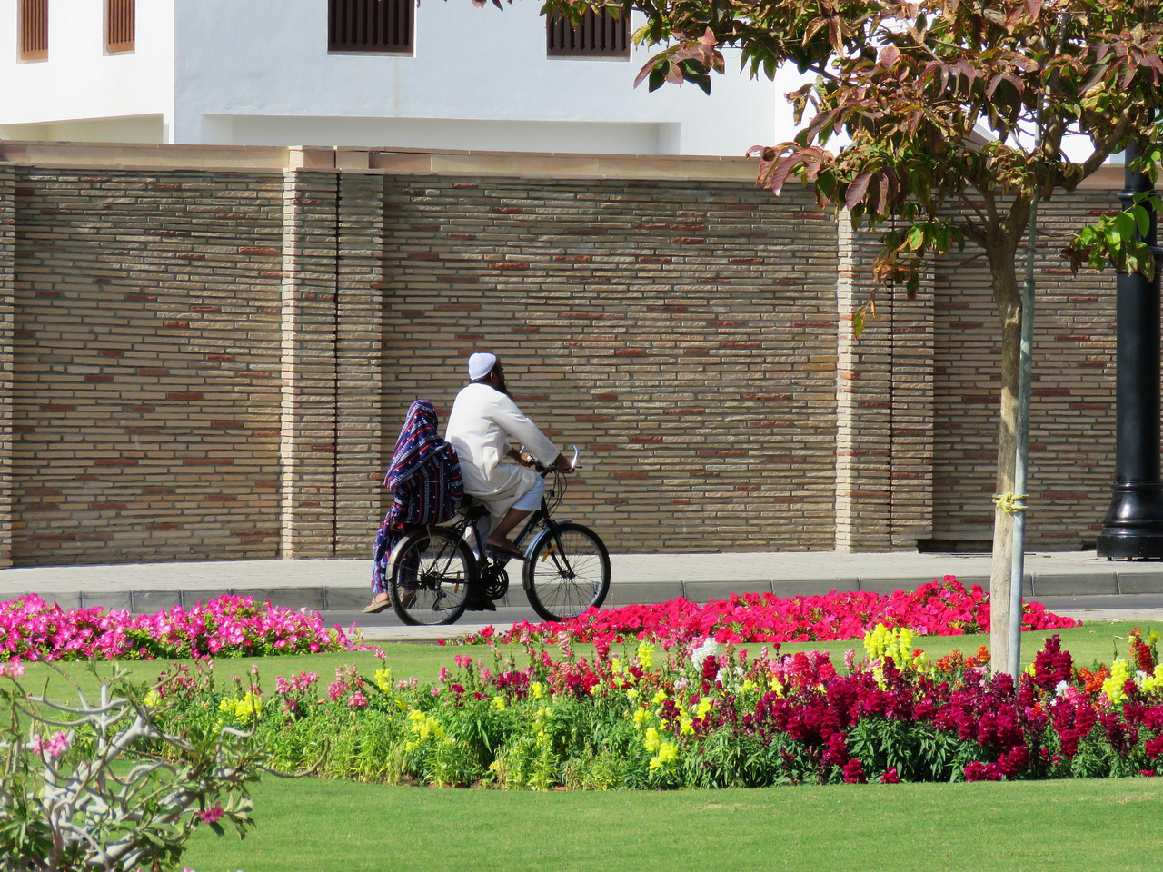 Bicikliből tényleg nem sok van, de egyet azért sikerült elkapni a szultáni palota parkjában. A hegyi utakon egyébként találkoztunk kisebb országúti bringás csapatokkal – a hétvégi tekerés sportos divatja Ománban is megjelent. 