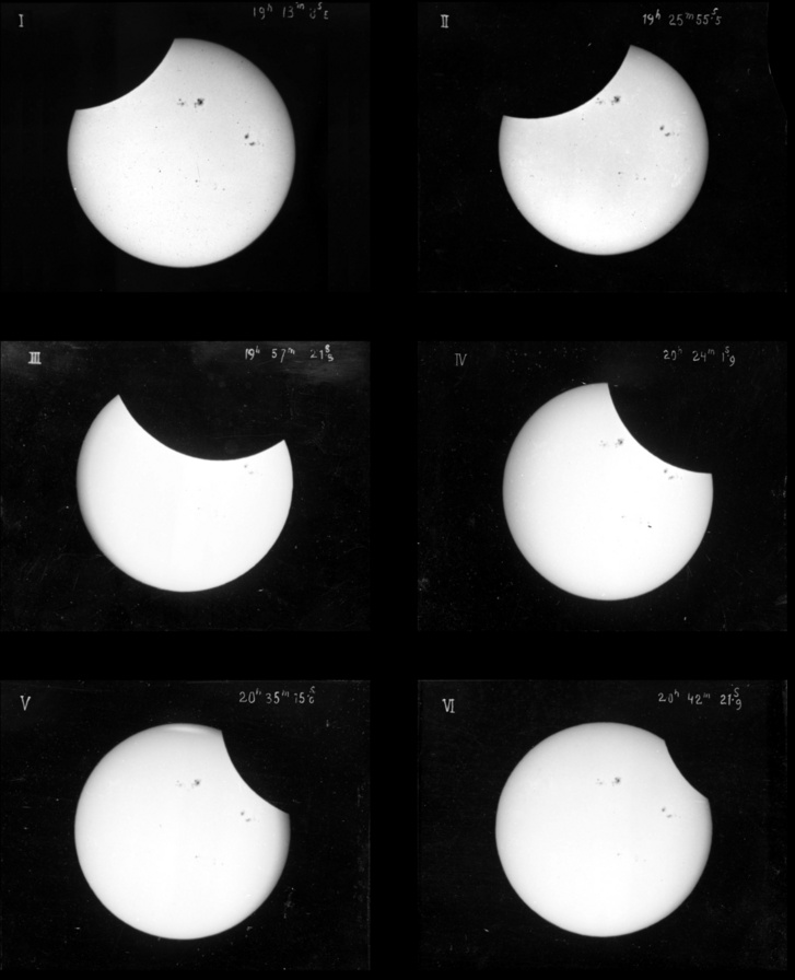Az 1882-es részleges napfogyatkozás hat fázisa, kitűnően megfigyelhető napfoltokkal.