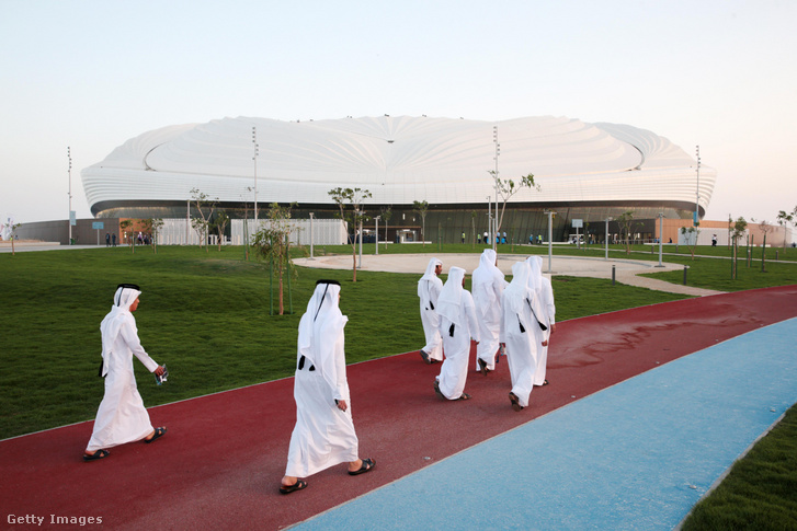Qatari men arrive to Al Wakrah Stadium on May 16 2019 in Al Wakrah Qatar. Qatar's Supreme Committee for Delivery  Legacy launches Al Wakrah Stadium the second FIFA World Cup Qatar 2022 (TM) venue.
