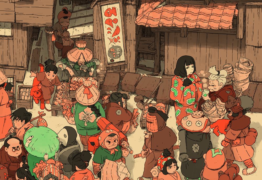 A Samurai Gunn 2 egy japán falifestményeket idéző, pixelgrafikás akció-kalandjáték, ehhez készített Valentin Seiche Photoshoppal és Bic Pennel egy képet, címe: People of Gunncity.