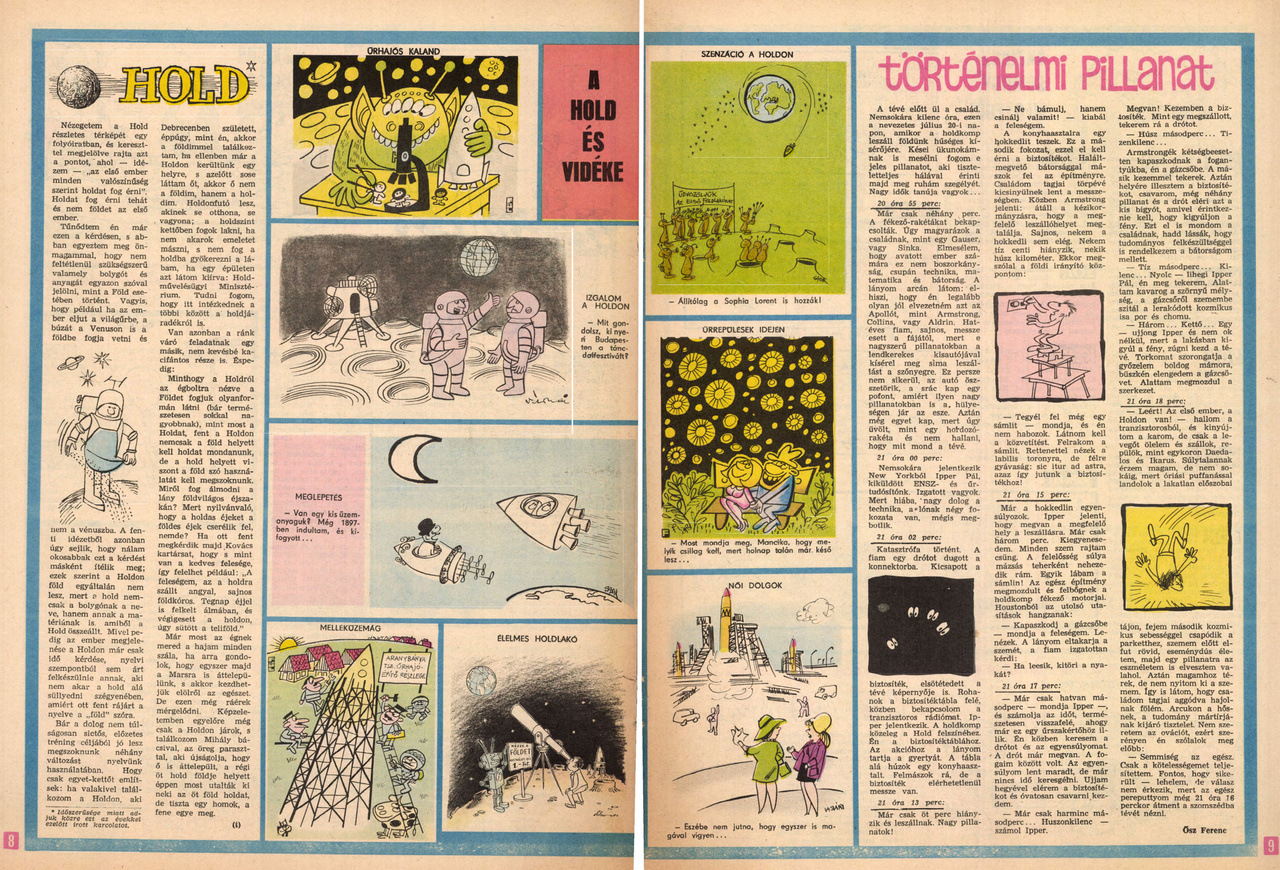 A július 31-i Ludas Matyi (szatirikus hetilap) oldalpárja a holdraszállásról, karikatúrákkal és két humoros írással.