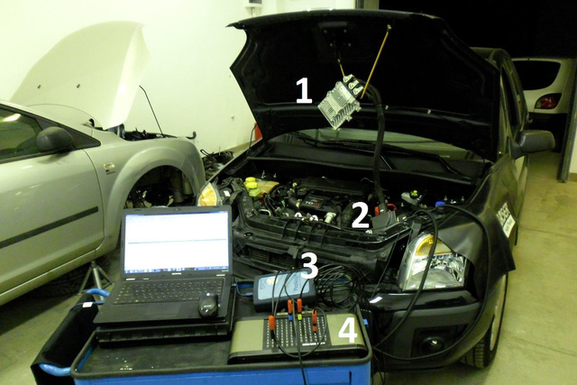 1: motorvezérlő elektronika; 2: kábelkorbácshoz csatlakoztatott Y kábel; 3: oszcilloszkóp interfész, 4: kézivezérlő-doboz