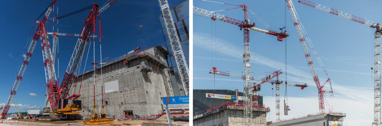 Minden nagyszabású építkezésen emelődaruk sokasága dolgozik, hogy a nagy épületelemek a helyükre kerüljenek. Nincs ez másképp az ITER esetében sem, ahol volt szerencsénk látni a műfaj egyik jóvágású képviselőjét, a 650 tonna emelőkapacitású, 192 méter magasba is elérő Demag CC 3800-1 lánctalpas darut. Bár a fix telepítésű daruk közül sok ennél nagyobb terheket is képes mozgatni, lánctalpas társaiknak megvan az az előnye, hogy mivel mobilisak, egy adott építkezési területen nagyobb körben vethetők be. A Vernazza Autogru olasz cég Demag CC 3800-1-es daruját délelőtt még összecsukva láttuk, délután már munka közben figyelhettük meg.