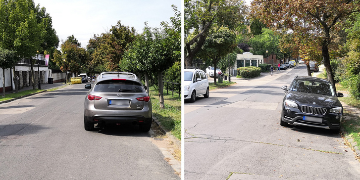 Bal oldalon egy szabályos parkolás látunk, míg a jobb oldali jármű, azzal, hogy szemben áll a forgalommal, szabálytalan