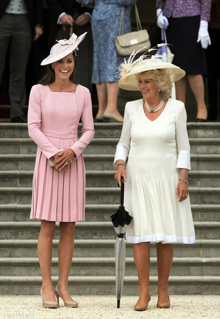 Kerti parti a Buckingham-palotában, május 29. A hercegné Camilla Parker-Bowlesszal szemlélődik