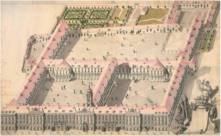 A mai városháza épületének legkorábbi - valós - ábrázolása. Az akkori városfalnál (a mai Károly körútnál) véget ért a ház, és soha nem is épült meg.
                        