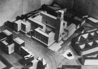 Kertész K. Róbert és Weichinger Károly győztes terve 1940-ből. A főbejárat a Deák térre néz, az útban álló templomot elbontották volna
                        