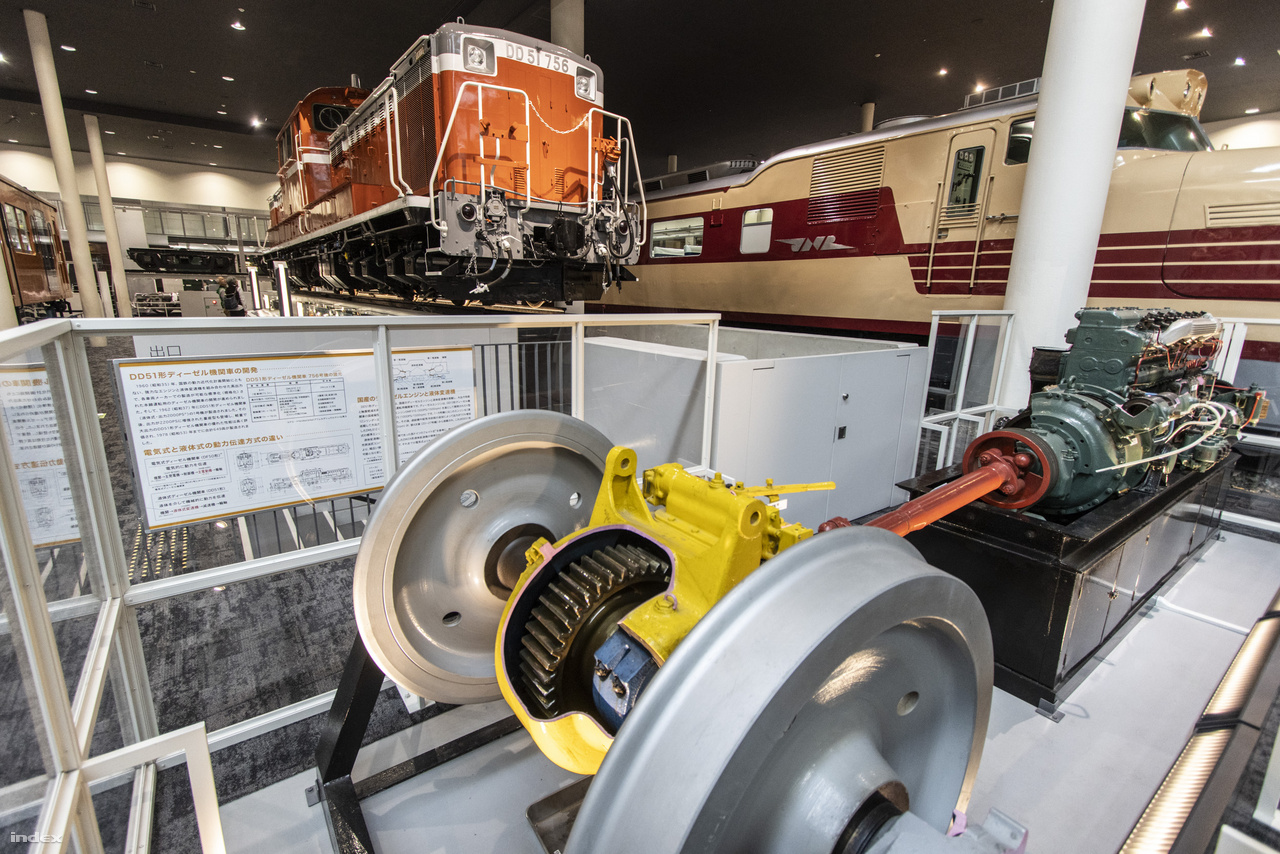 A múzeum erőssége a rengeteg informatív, interaktív, magyarázó kiállítási tárgy, amik segítenek megérteni a vasúti gépezetek működését, mint például ez a hajtásmetszet. A háttérben balra egy DD51 dízelmozdony, jobbra a KiHa 81 Type No. 3., Japán első expressz dízel motorvonata.