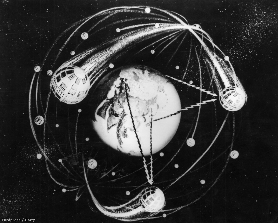 1962-es művészi koncepciórajz a Föld körül keringő kommunikációs műholdról.