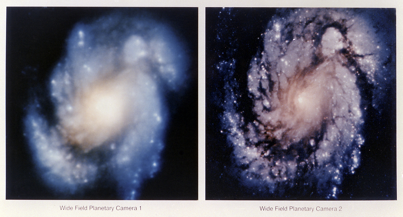 Egy fontos képpár 1993-ból. Mindkét nyers fotón az 55 millió fényévre lévő Messier 100 galaxis magja látható, a bal oldali pár nappal az első nagyjavítás előtt, a jobb oldali pedig utána készült. Az élességben tapasztalt drámai javulás jól mutatja, hogy mennyire fontosak egy ilyen jellegű műszernél a végtelenül pontos mérések és precíz beállítások. Az Endeavour űrsikló legénysége által 1993 decemberében lecserélt WFPC (Wide Field and Planetary Camera) kamera második verziója sikeresen korrigálta a 2,4 méter átmérőjű fő tükör optikai hibáját, így végre úgy kezdett működni a Hubble, ahogy azt eredetileg tervezték.